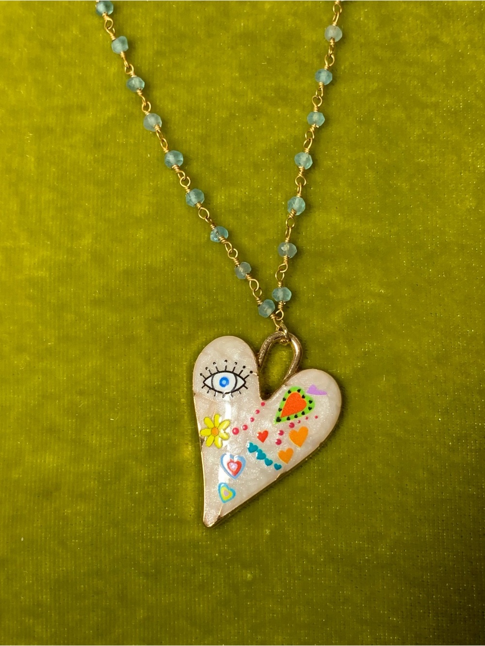 Heart Pendant Necklace With Pastel Blue Apatite Rosary Beads